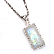 Rainbow moonstone rectangle silver pendant
